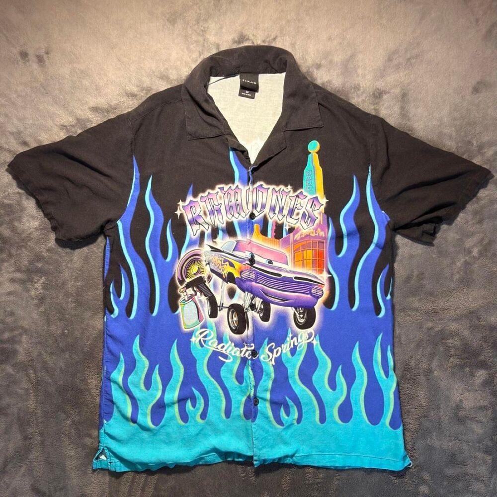 Pixar Cars Radiator Springs Flame Button Up Shirt Large
